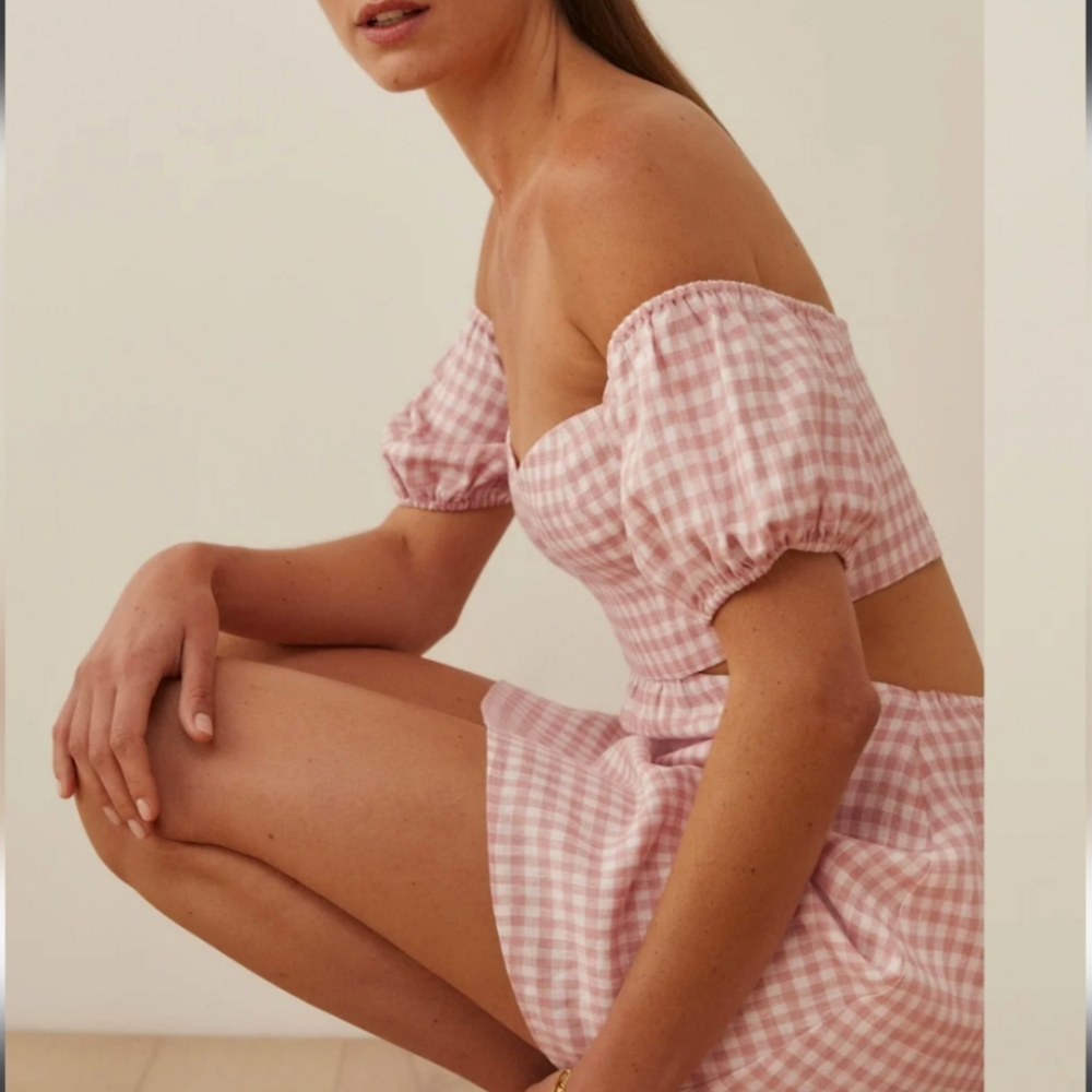 NWT Reformation Emilia Pink And White 100% Linen Cutout Dress Size US 12